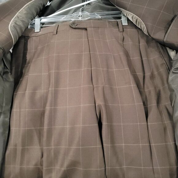 Paul Fredrick Mens Suit Size 48 R Brown Windowpane Plaid Wool Classic Fit Retro - Picture 6 of 15